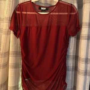 DKNY Red Sheer Fitted/Ruched Short Sleeve Top